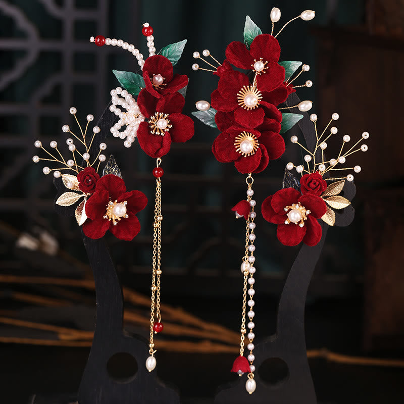 Ensemble de pinces à cheveux Foviel Antiquity à fleurs rouges et pampilles de perles