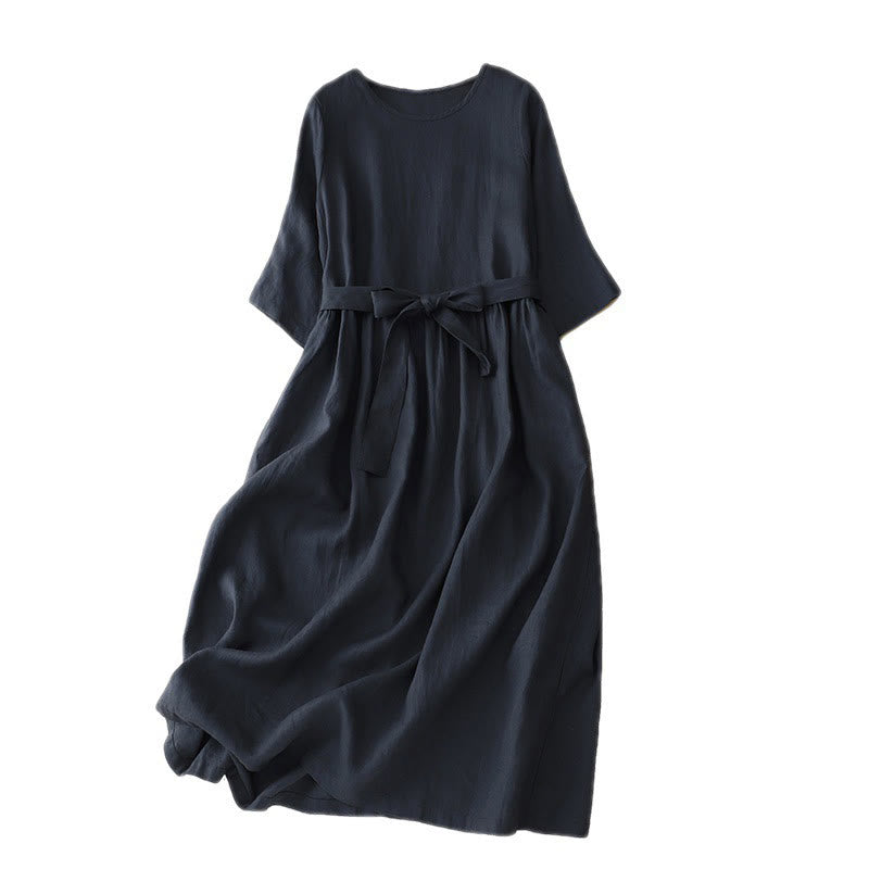 Foviel Casual Plain Crew Neck Lace-up Half Sleeve Midi Dress With Pockets