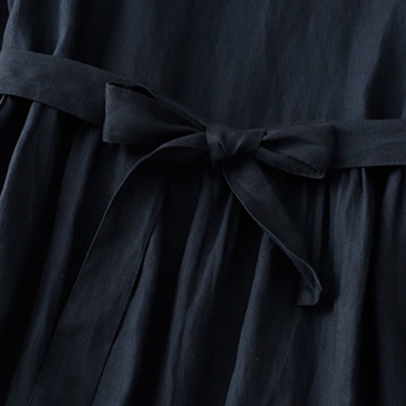 Foviel Casual Plain Crew Neck Lace-up Half Sleeve Midi Dress With Pockets