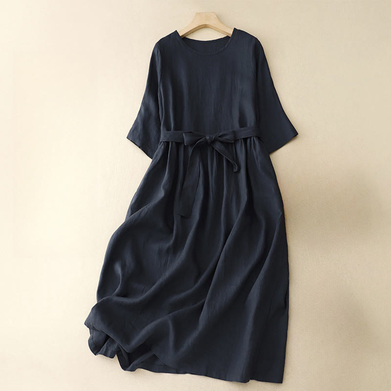 Foviel Casual Plain Crew Neck Lace-up Half Sleeve Midi Dress With Pockets