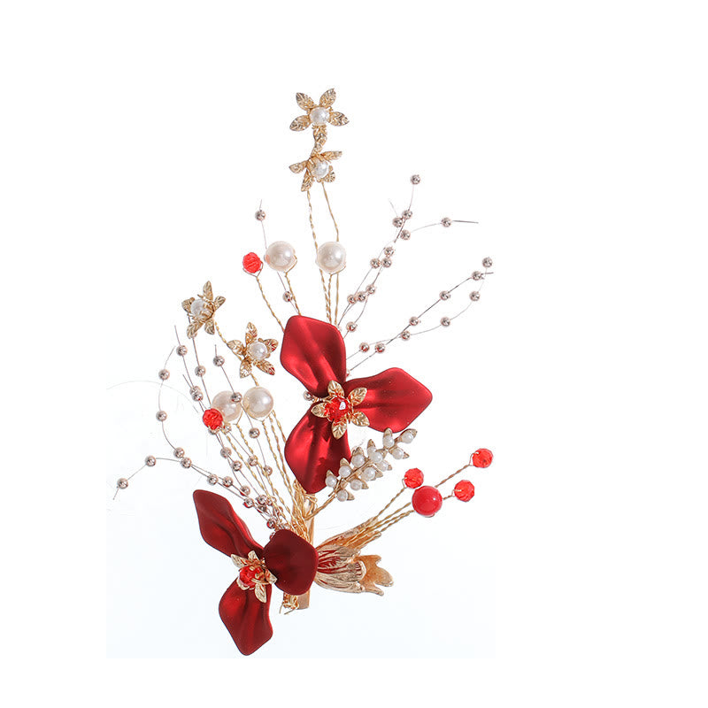 Foviel Chinese Wedding Bridal Red Flower Branche Pearl Hair Clip Set