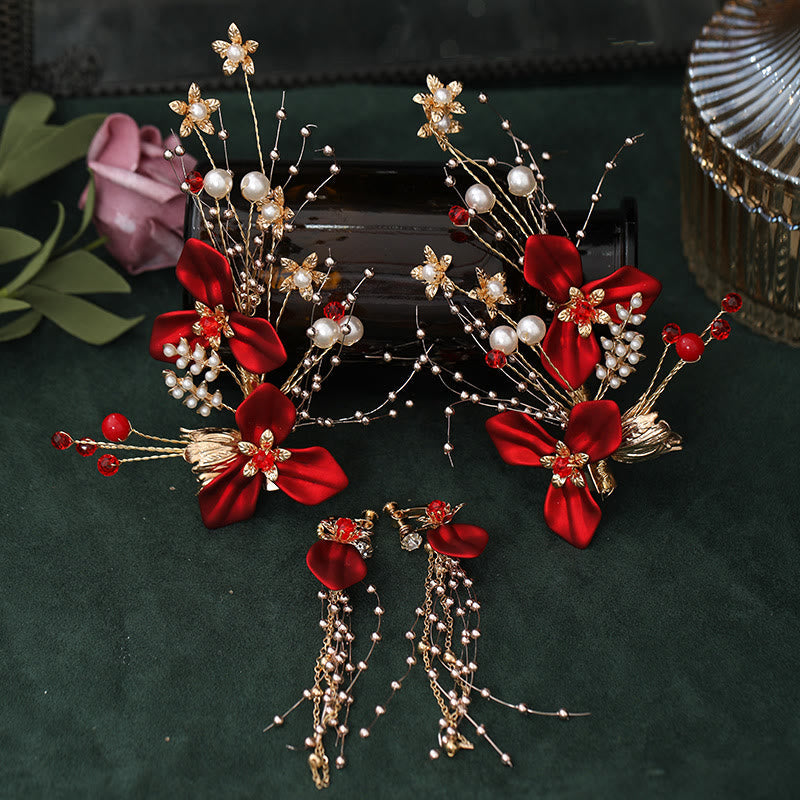 Foviel Chinese Wedding Bridal Red Flower Branche Pearl Hair Clip Set