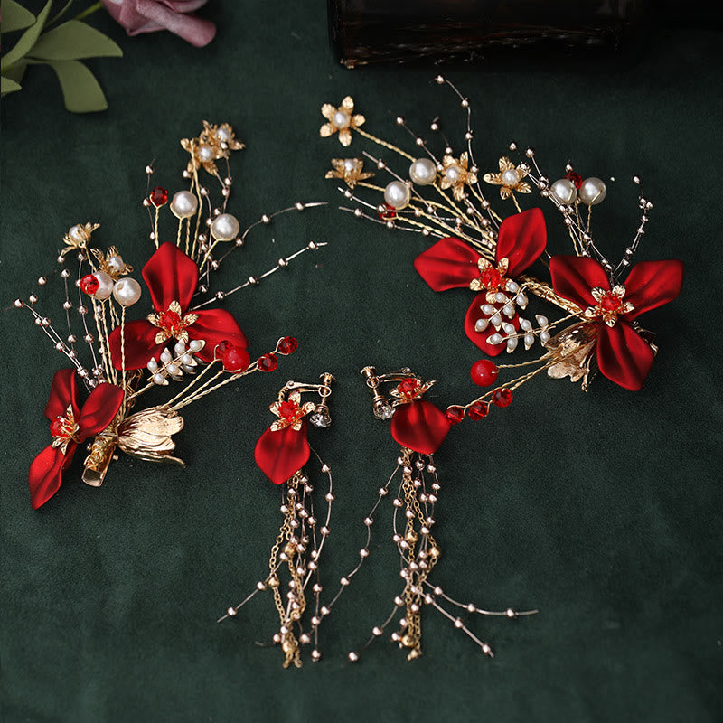 Foviel Chinese Wedding Bridal Red Flower Branche Pearl Hair Clip Set