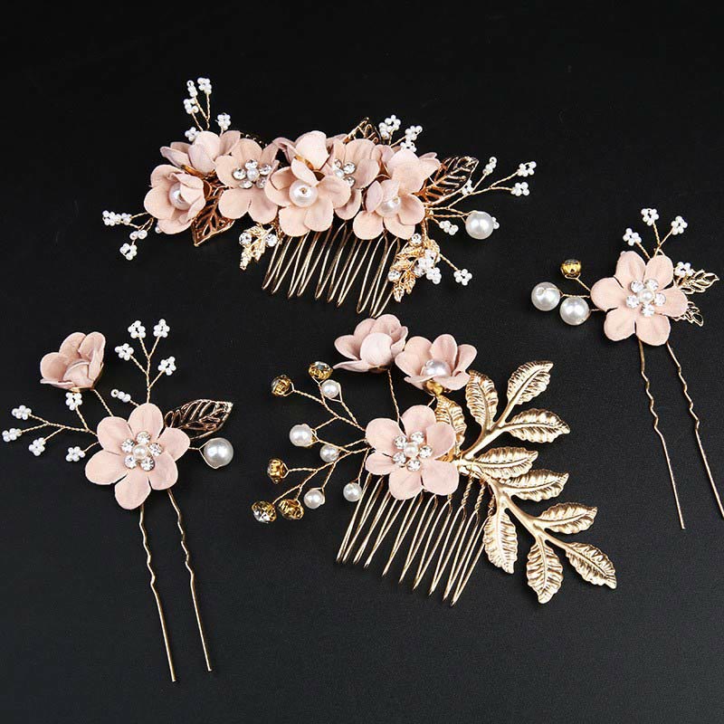 Foviel 4Pcs Handmade Wedding Golden Leaf Flower Pearl Hairpin Hair Comb Set