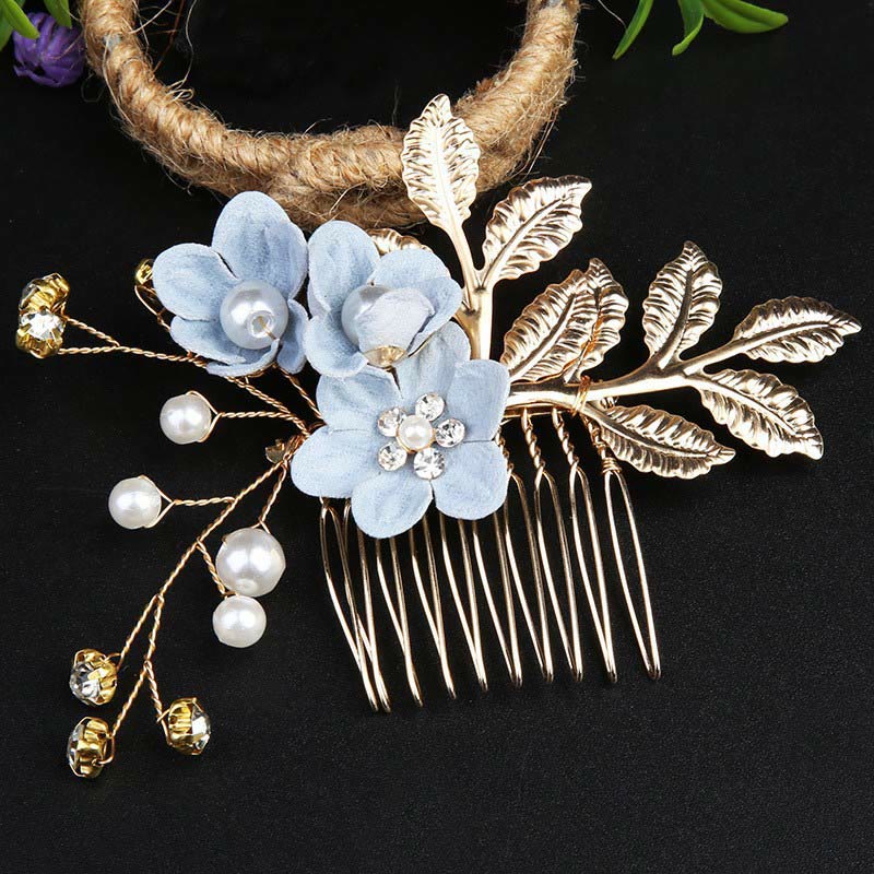 Ensemble de 4 peignes et épingles à cheveux de mariage Foviel faits main avec fleurs, feuilles dorées et perles