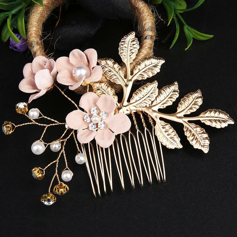Foviel 4Pcs Handmade Wedding Golden Leaf Flower Pearl Hairpin Hair Comb Set