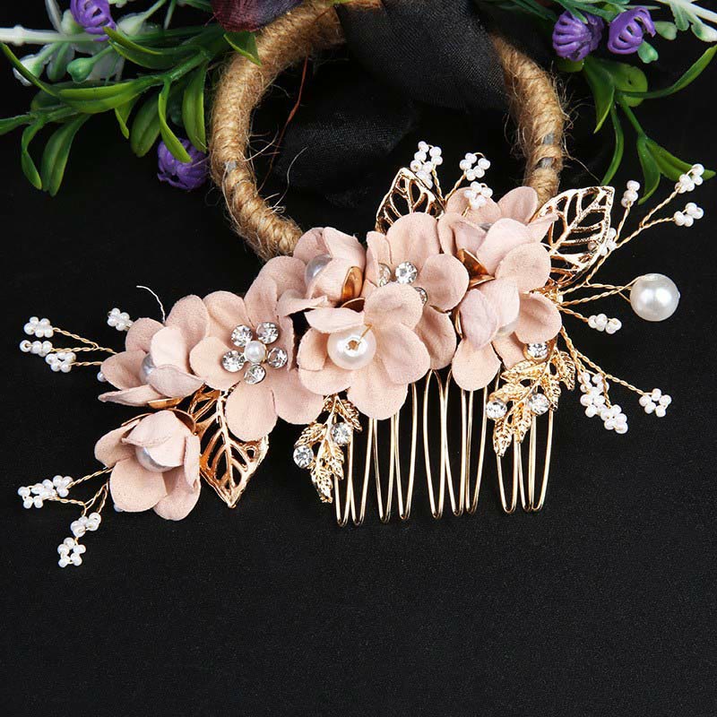 Foviel 4Pcs Handmade Wedding Golden Leaf Flower Pearl Hairpin Hair Comb Set