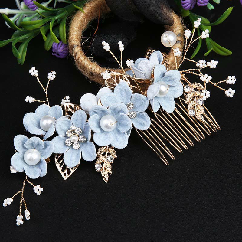 Ensemble de 4 peignes et épingles à cheveux de mariage Foviel faits main avec fleurs, feuilles dorées et perles