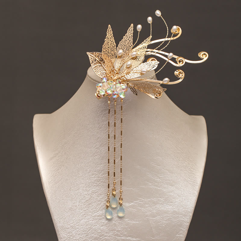 Pince à cheveux Foviel à motif de fleur et pompon dorés, style chinois traditionnel