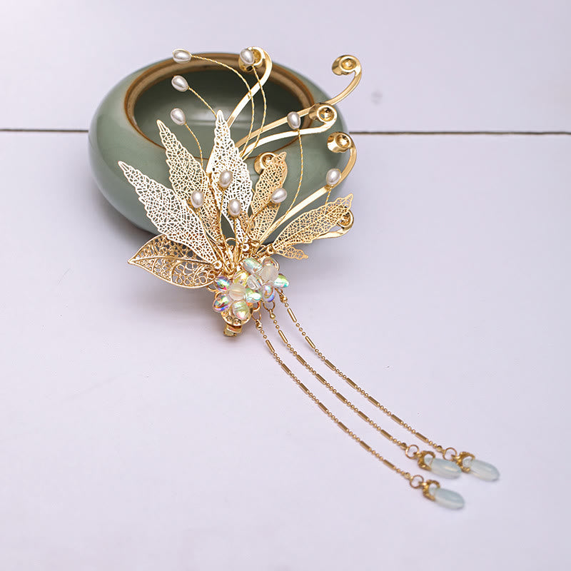 Pince à cheveux Foviel à motif de fleur et pompon dorés, style chinois traditionnel