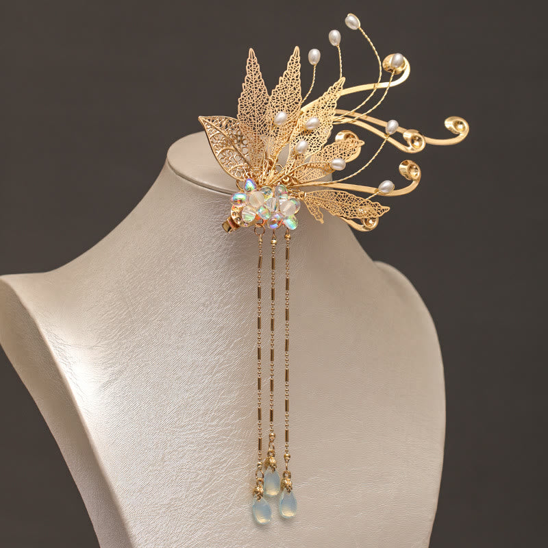 Pince à cheveux Foviel à motif de fleur et pompon dorés, style chinois traditionnel