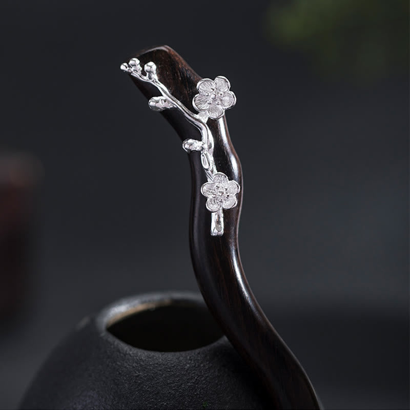 Foviel 925 Sterling Silver Classical Chinese Style Ebony Plum Blossom Blessing Hairpin