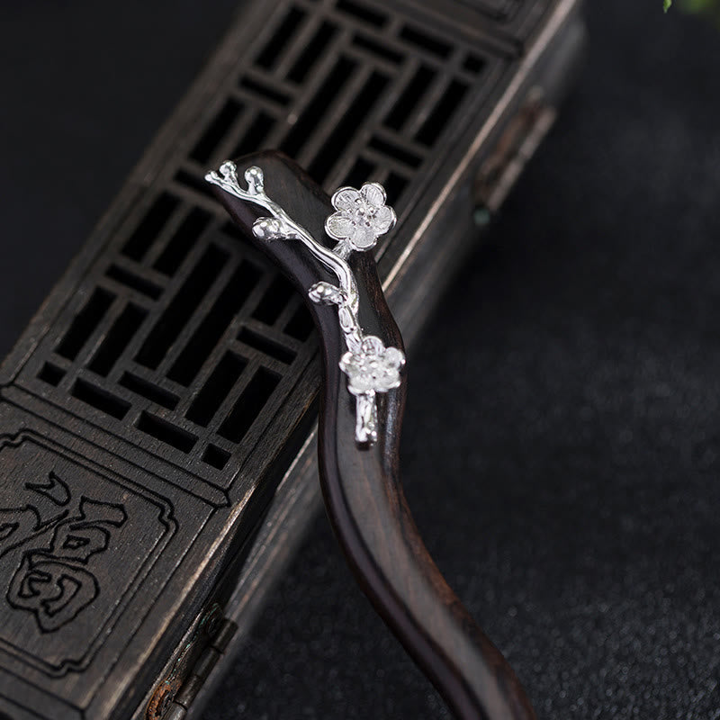 Foviel 925 Sterling Silver Classical Chinese Style Ebony Plum Blossom Blessing Hairpin