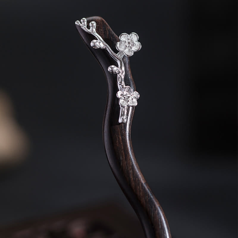 Foviel 925 Sterling Silber Klassische chinesische Stil Ebenholz Pflaumenblüten Segen Haarnadel