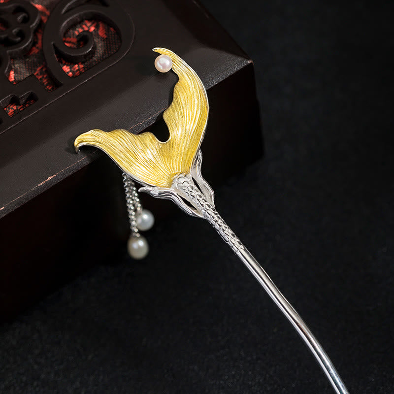 Épingle à cheveux Foviel en argent sterling 925, style chinois classique, avec perle et pampille en forme de queue de poisson, modèle calme