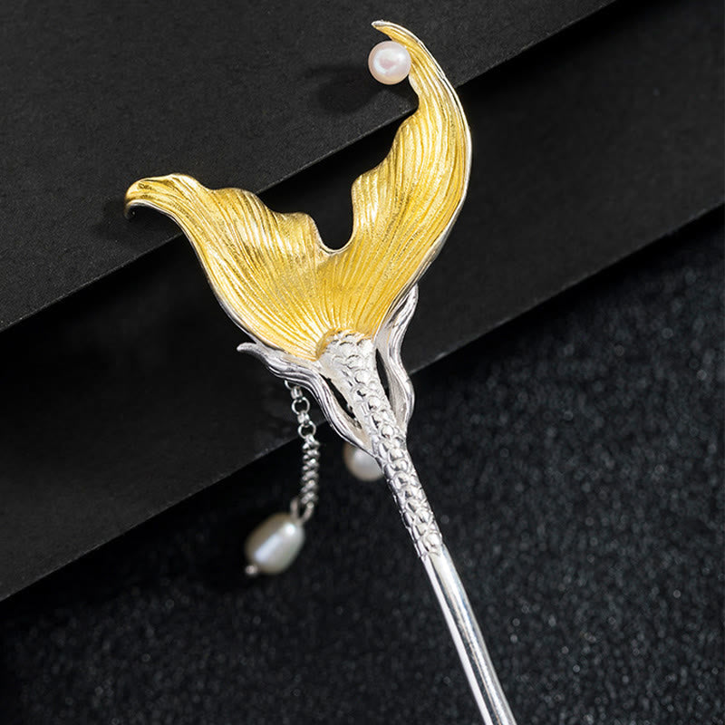 Foviel 925 Sterling Silver Classical Chinese Style Fish Tail Pearl Tassel Calm Hairpin