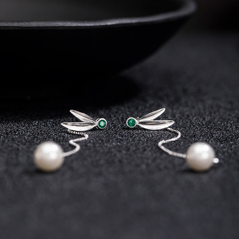 Boucles d'oreilles pendantes Foviel en argent sterling 925, perles de zircon et feuilles de bambou protectrices