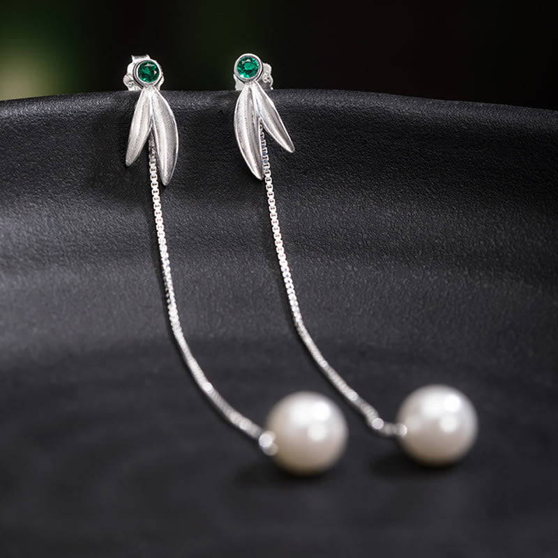 Foviel 925 Sterling Silver Zircon Pearl Bamboo Leaves Protection Drop Earrings