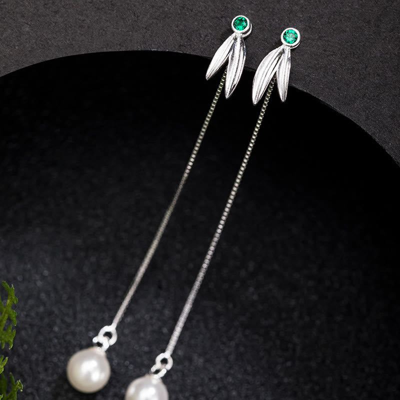 Foviel 925 Sterling Silver Zircon Pearl Bamboo Leaves Protection Drop Earrings