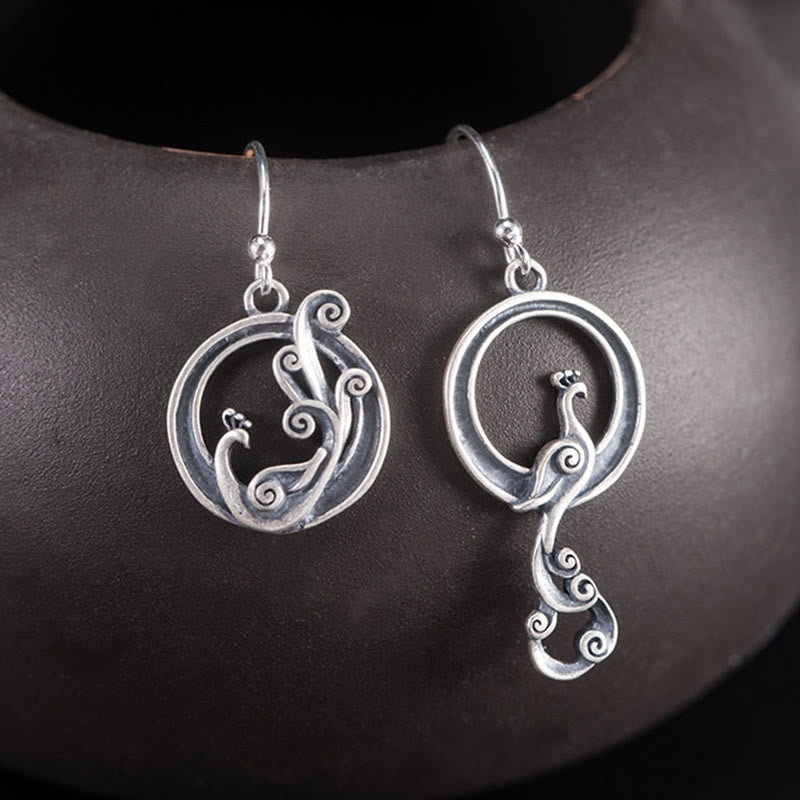 Foviel 925 Sterling Silver Round Asymmetry Peacock Fortune Earrings