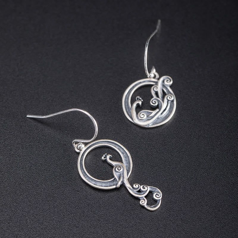 Foviel 925 Sterling Silver Round Asymmetry Peacock Fortune Earrings