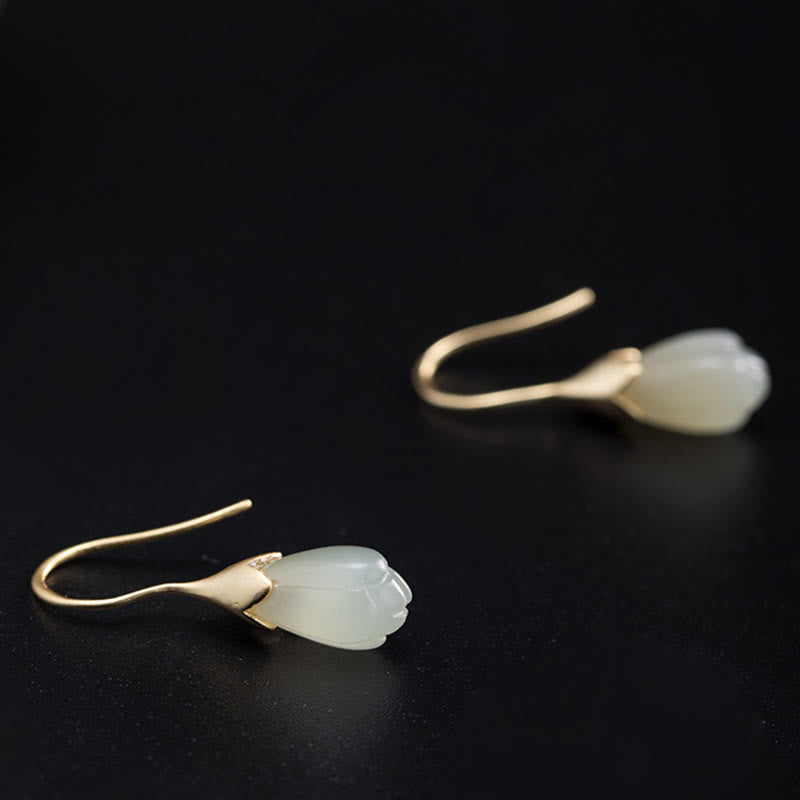 Boucles d'oreilles pendantes Foviel en argent sterling 925, jade de Hetian et motif magnolia de l'abondance