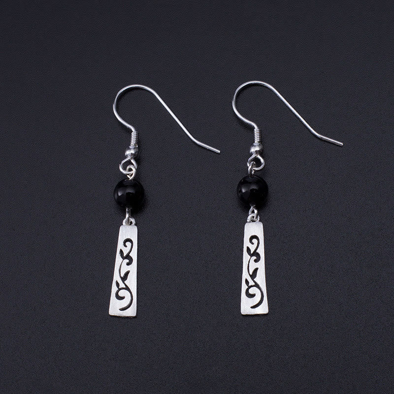 Foviel 925 Sterling Silver Black Onyx Hollow Vine Protection Drop Earrings