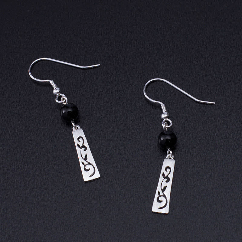 Foviel 925 Sterling Silver Black Onyx Hollow Vine Protection Drop Earrings