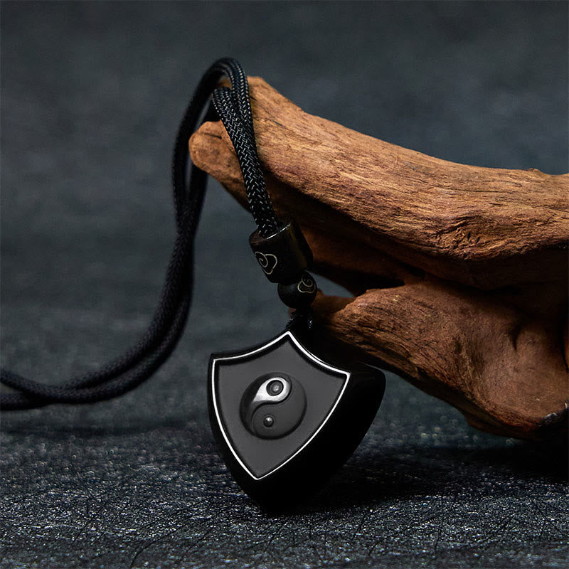 Foviel Black Obsidian Shield Pattern Yin Yang Symbol Strength Necklace Pendant