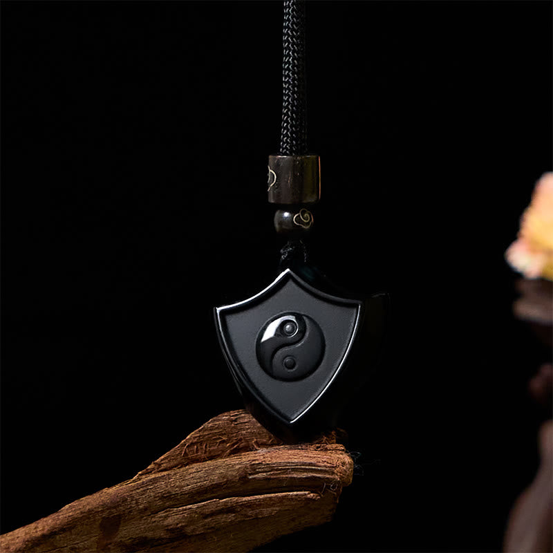 Foviel Black Obsidian Shield Pattern Yin Yang Symbol Strength Necklace Pendant