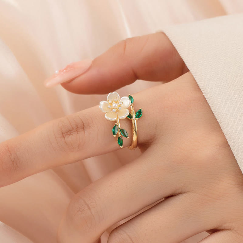 Bague ajustable Foviel, motif fleurs de perles, feuilles en zircon, bonheur et richesse