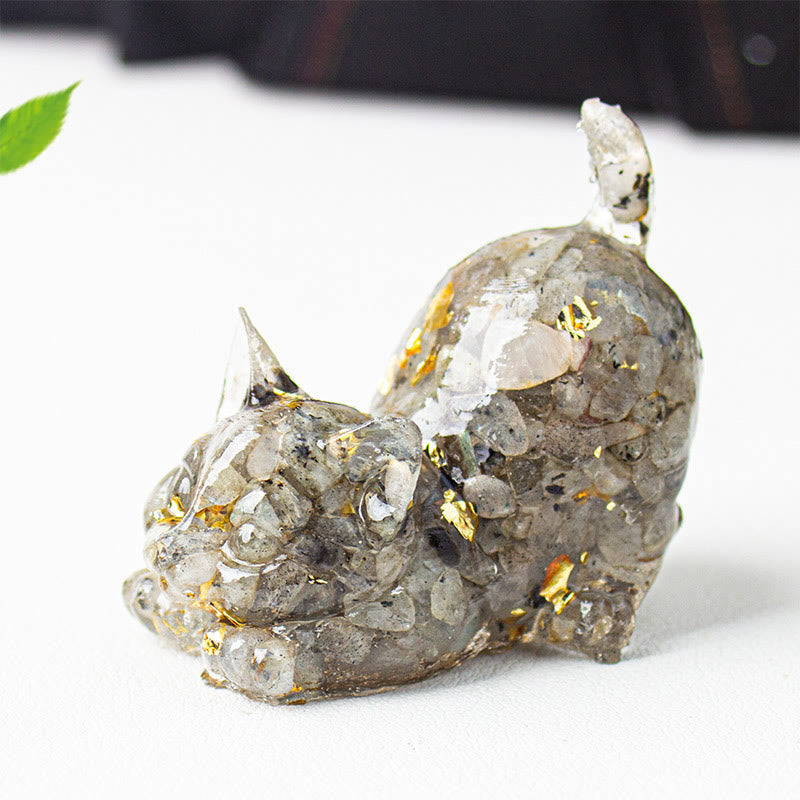 Buddha Stones Stretching Cat Resin Crystal Gravel Meditation Decoration - Labradorite - 4.5*3*4.2cm - image 45