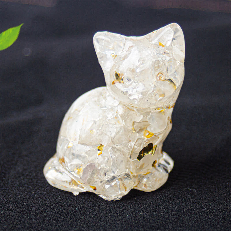 Buddha Stones Sitting Cat Resin Gravel Pink Crystal Citrine White Crystal Lapis Lazuli Soothing Desktop Decoration - White Crystal - About 3.2*3.3*4cm - image 5