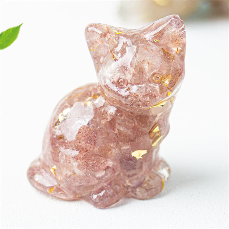 Buddha Stones Sitting Cat Resin Gravel Pink Crystal Citrine White Crystal Lapis Lazuli Soothing Desktop Decoration - Strawberry Quartz - About 3.2*3.3*4cm - image 12