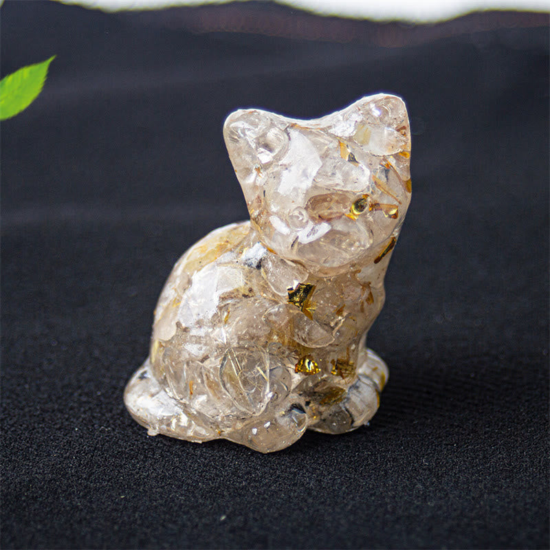 Buddha Stones Sitting Cat Resin Gravel Pink Crystal Citrine White Crystal Lapis Lazuli Soothing Desktop Decoration - Rutilated Quartz - About 3.2*3.3*4cm - image 27