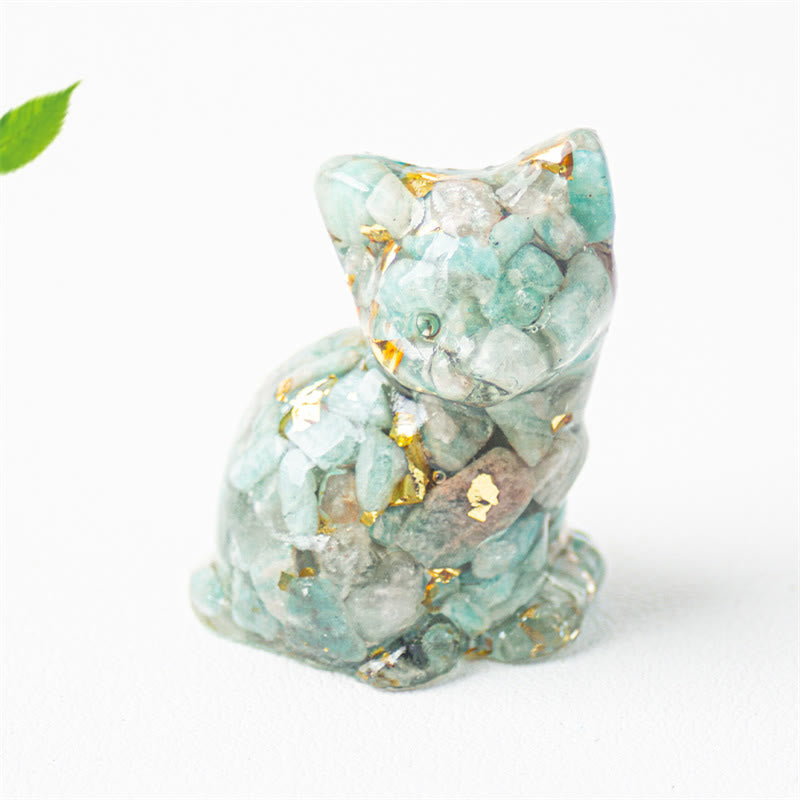 Buddha Stones Sitting Cat Resin Gravel Pink Crystal Citrine White Crystal Lapis Lazuli Soothing Desktop Decoration - Amazonite - About 3.2*3.3*4cm - image 20