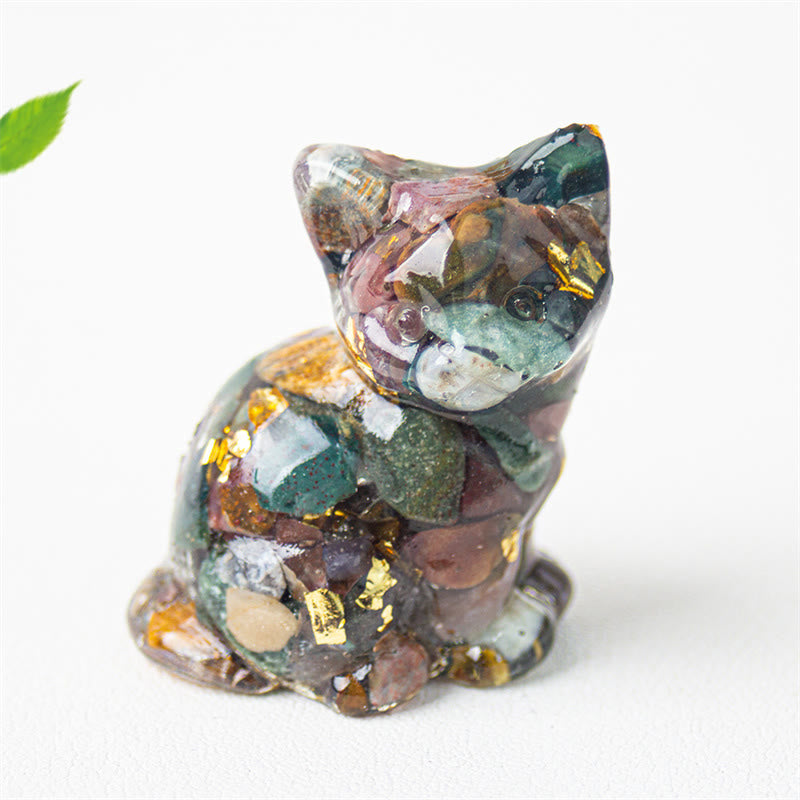Buddha Stones Sitting Cat Resin Gravel Pink Crystal Citrine White Crystal Lapis Lazuli Soothing Desktop Decoration - Sea-Sediment-Jasper - About 3.2*3.3*4cm - image 34