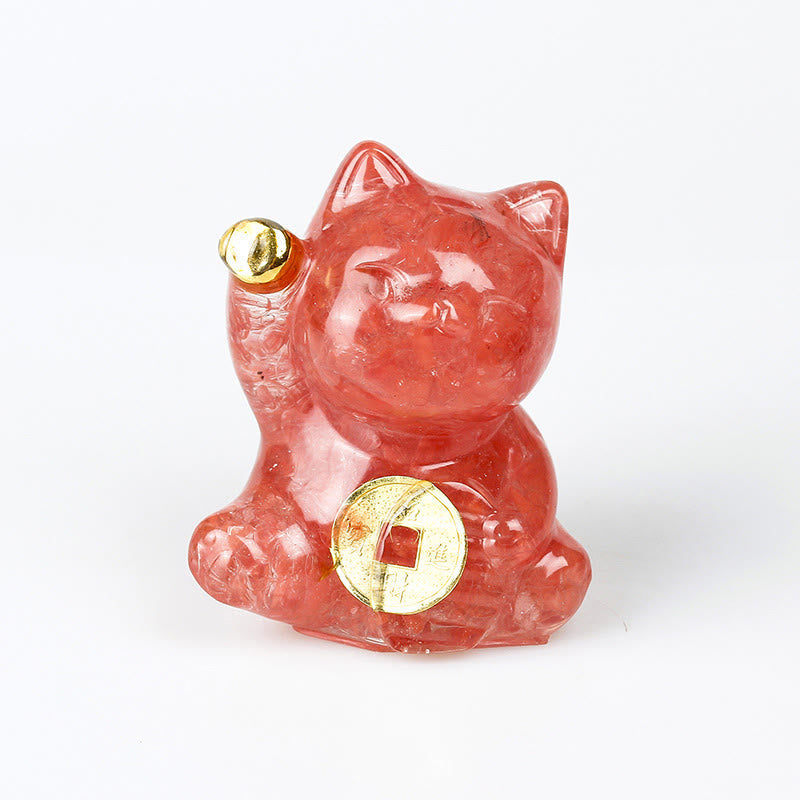 Buddha Stones Lucky Cat Copper Coin Turquoise Labradorite Pink Crystal Amethyst Strength Home Decoration - Red Quartz - About 5.5*6*4cm - image 9