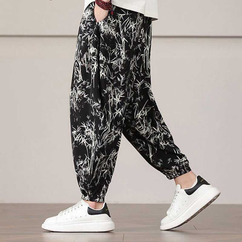 Pantalon sarouel pour homme Foviel à motif de feuilles de bambou avec cordon de serrage et poches