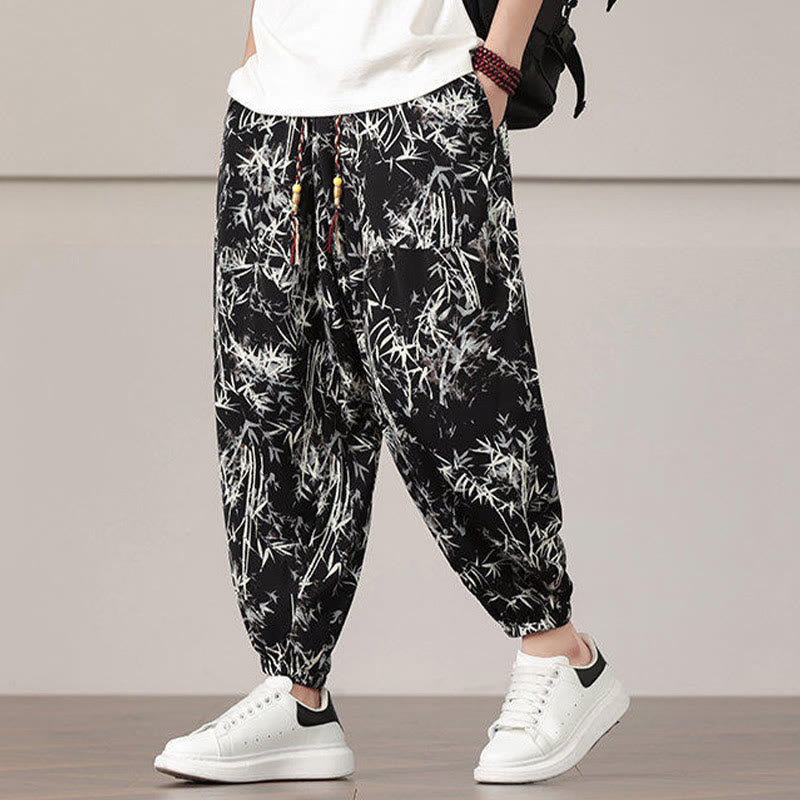 Pantalon sarouel pour homme Foviel à motif de feuilles de bambou avec cordon de serrage et poches