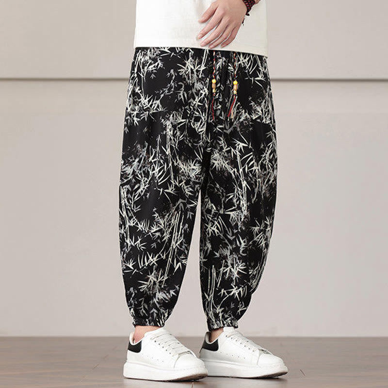 Pantalon sarouel pour homme Foviel à motif de feuilles de bambou avec cordon de serrage et poches