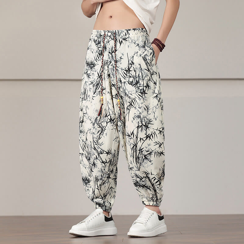 Pantalon sarouel pour homme Foviel à motif de feuilles de bambou avec cordon de serrage et poches