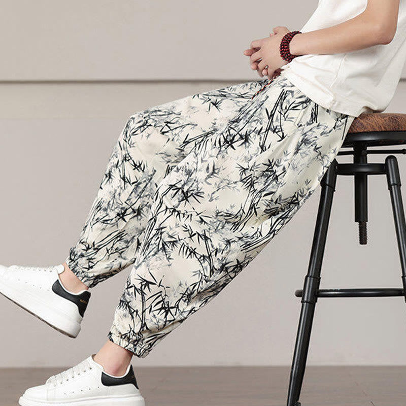Pantalon sarouel pour homme Foviel à motif de feuilles de bambou avec cordon de serrage et poches
