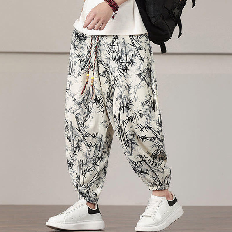 Pantalon sarouel pour homme Foviel à motif de feuilles de bambou avec cordon de serrage et poches