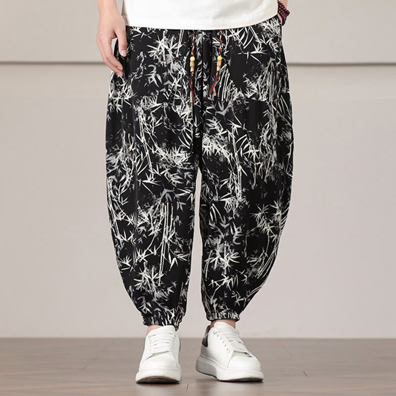 Pantalon sarouel pour homme Foviel à motif de feuilles de bambou avec cordon de serrage et poches