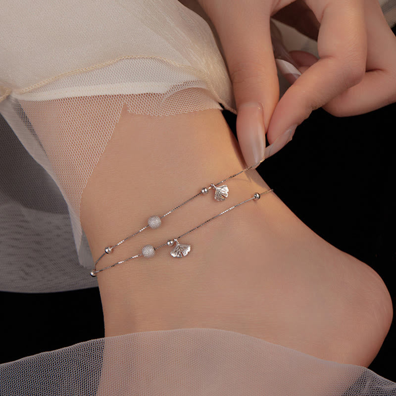 Foviel 925 Sterling Silber Ginkgo Blatt doppelter Schichtschutz Anklet