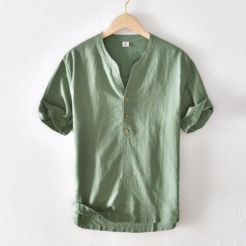 Foviel Summer Stand Collar Short Sleeve Cotton Linen Half Button Men's Shirt