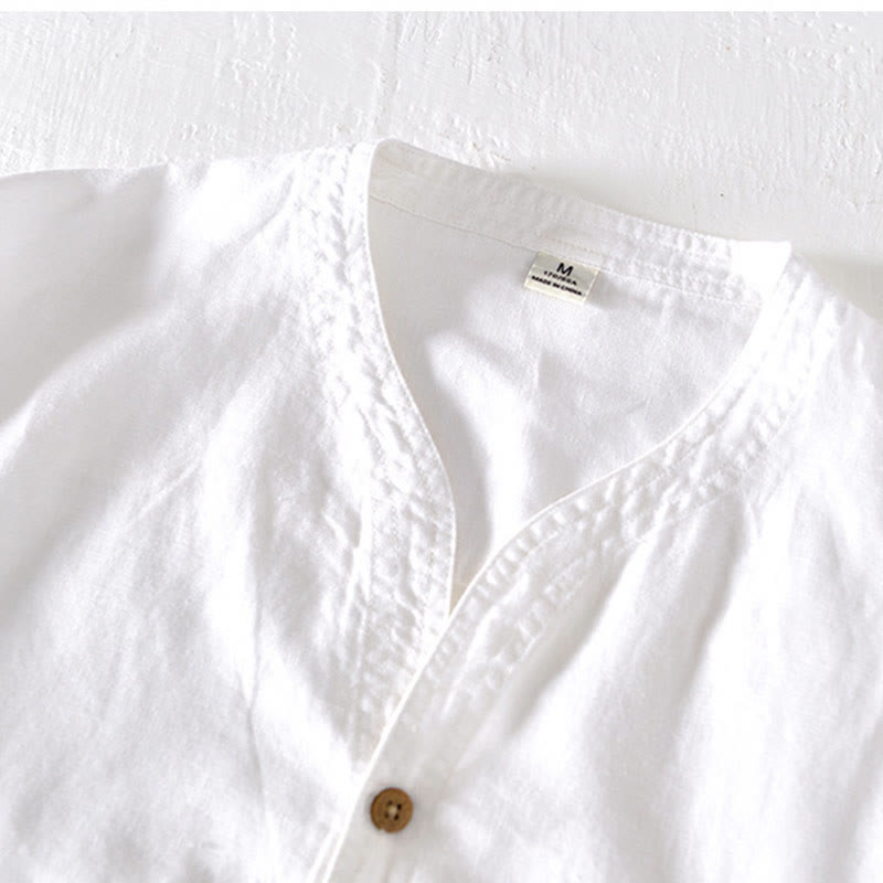 Chemise d'été Foviel pour homme à col montant, manches courtes, en coton et lin, à demi-boutonnage