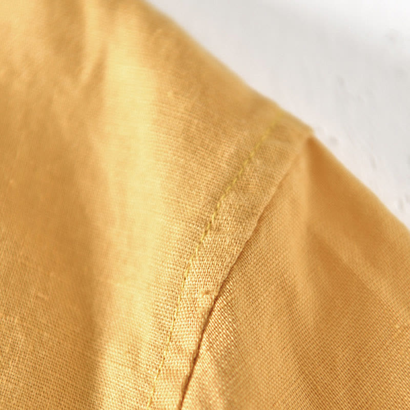 Chemise d'été Foviel pour homme à col montant, manches courtes, en coton et lin, à demi-boutonnage