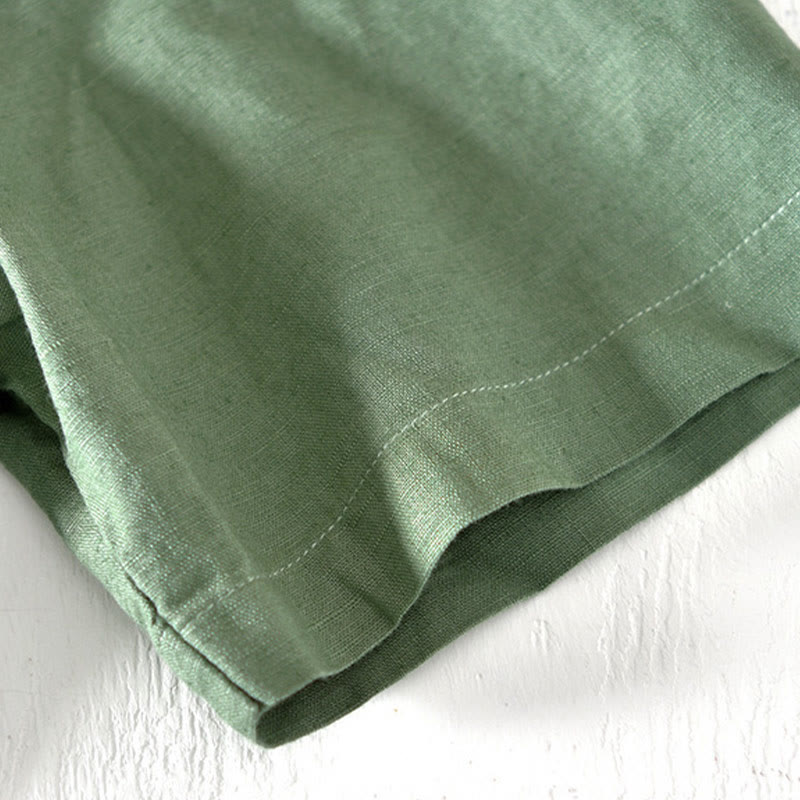Chemise d'été Foviel pour homme à col montant, manches courtes, en coton et lin, à demi-boutonnage